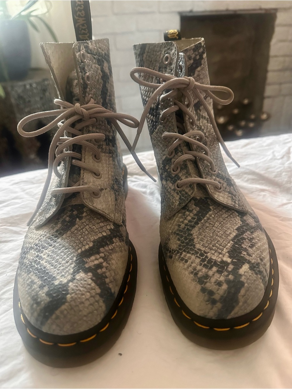 Dr. Martens Snake Print Lace-Up Boots in Gray and Black